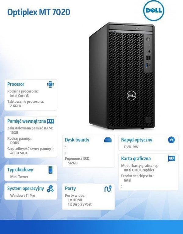 Υπολογιστής Dell OptiPlex 7020 Intel Core i5 i5-14500 16 GB DDR5-SDRAM 512 GB SSD Windows 11 Pro Mini Tower PC Μαύρο