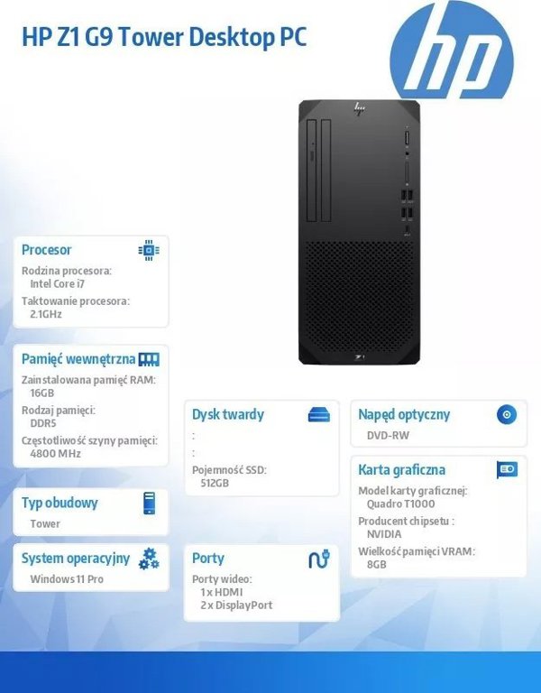Komputer HP Z1 Z1 G9 Tower, Core i7-14700, 16 GB, Quadro T1000, 512 GB M.2 PCIe Windows 11 Pro