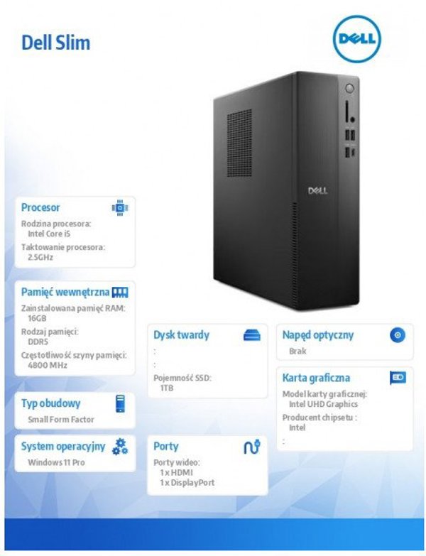 Komputer Dell Slim ECS1250 Win11Pro i5-14400/16GB/1TB/Intel UHD 730/WLAN + BT/Kb/Mouse/3YPS