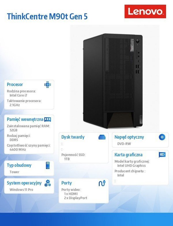 Φορητός υπολογιστής Lenovo LENOVO ThinkCentre M90t G5 TWR Intel Core i7-14700 2x16GB DDR5 1TB SSD M.2 Slim DVD Rambo 9mm Wi-Fi 6E+BT W11P