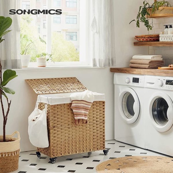 Καλάθι για άπλυτα SONGMICS, Χειροποίητο Καλάθι για Άπλυτα, Καλάθι για Άπλυτα σε Στυλ Rattan 140 L με 3 Διαχωριστικά, Αφαιρούμενη Επένδυση, Λαβή