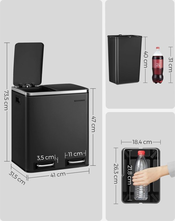 Songmics Κάδος Απορριμμάτων Κουζίνας Διπλός 2x15L, Ατσάλινος με Σύστημα Soft-Close, Χειρολαβές και Αποσπώμενους Κάδους 14269843