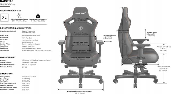 Γραφείο καρέκλα Kaiser AndaSeat Kaiser 3 XL, μαύρο, δέρμα PVC