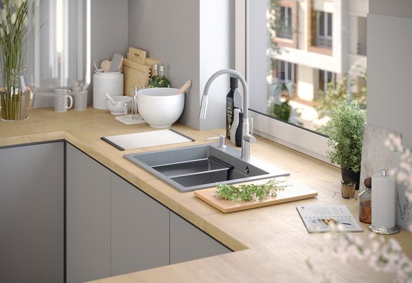 GraniteQ Νεροχύτης Κουζίνας KURT 110 GraniteQ Silver Stone 1-Διαμερισμάτων με Σιφόνι, Διανομέα, Qmata, Σανίδα, Αποστραγγιστή και Σετ Μαχαιριών Fiskars