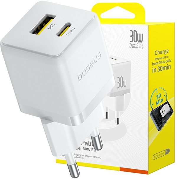 Φορτιστής τοίχου Baseus Palm 30W USB-A, USB-C λευκός