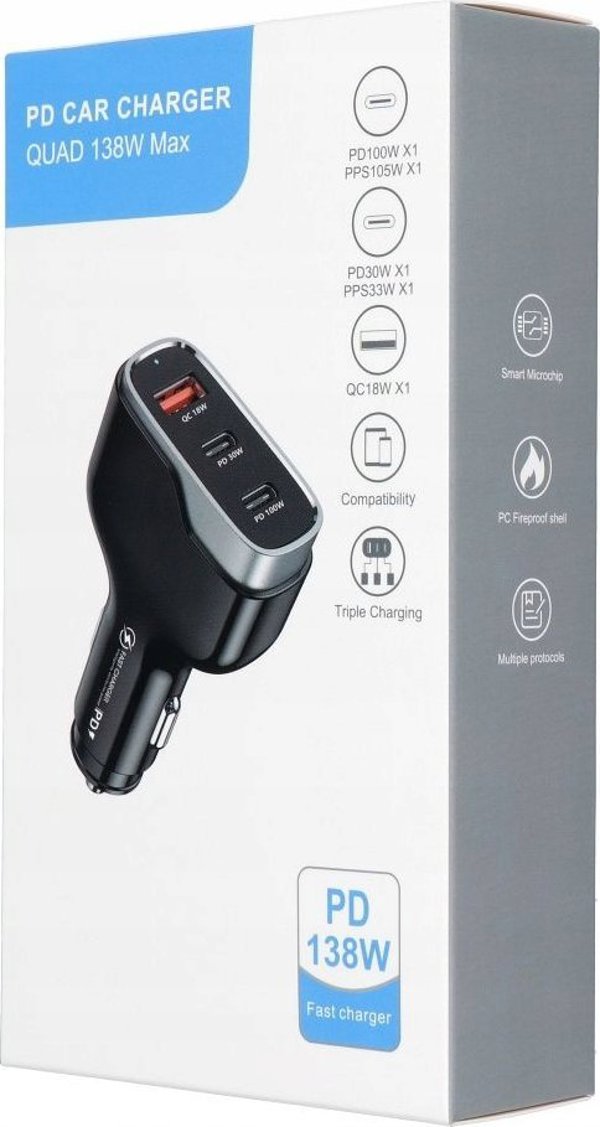Φορτιστής OEM Φορτιστής αυτοκινήτου USB A + 2 x Τύπος C PD QC3.0 3A 138W CC53-2C1A μαύρη