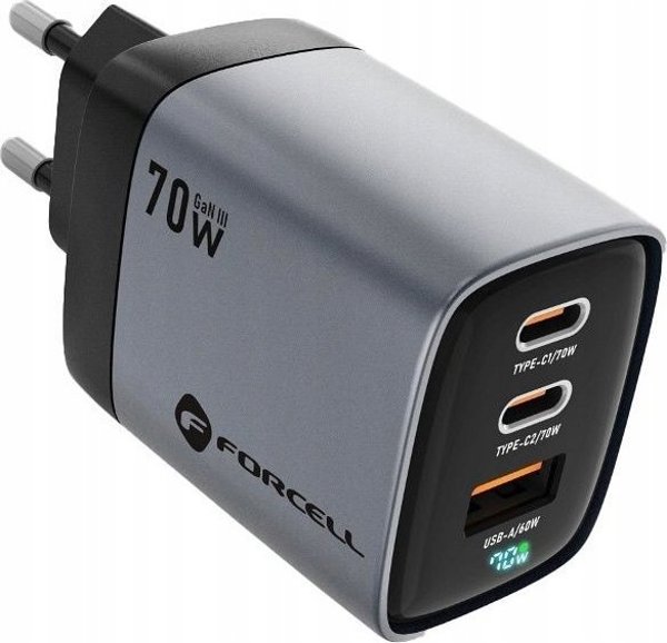 ForCell F-Energy GaN III VT-37 Φορτιστής Δικτύου 70W, 2x USB-C & 1x USB-A, PD QC4.0, με Οθόνη LCD, Γκρι