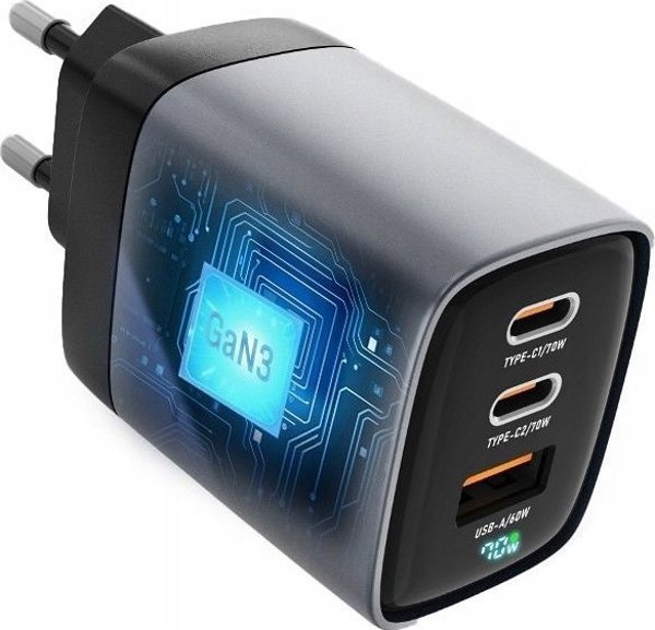 ForCell F-Energy GaN III VT-37 Φορτιστής Δικτύου 70W, 2x USB-C & 1x USB-A, PD QC4.0, με Οθόνη LCD, Γκρι