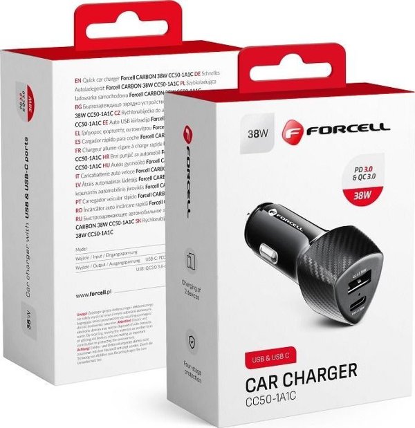 Φορτιστής ForCell FORCELL CARBON φορτιστής αυτοκινήτου Τύπος C 3.0 PD20W + USB QC3.0 18W 5A CC50-1A1C μαύρο (Σύνολο 38W) 11466912 5903396133770