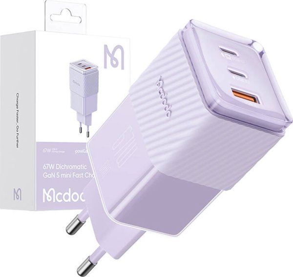 Φορτιστής Mcdodo Φορτιστής τοίχου GaN 67W Mcdodo CH-1502 2x USB-C, USB-A (μωβ)