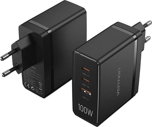 Φορτιστής τοίχου Vention FEGB0-EU 2xUSB-C 1xUSB-A 100W/100W/30W GaN (μαύρο)
