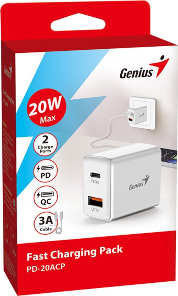 Φορτιστής Genius Genius Τροφοδοτικό / προσαρμογέας δικτύου 20W, 2-θυρών, USB-C, USB-A, PD-20ACP