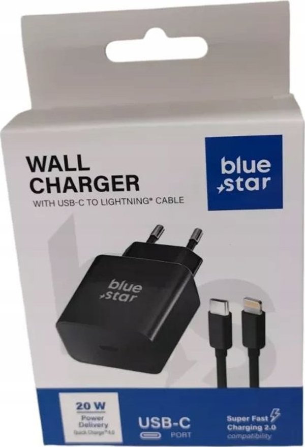 Φορτιστής Blue Star Φορτιστής τοίχου BLUE STAR 3A 20W Καλώδιο Τύπου C + Τύπου C για Lightning PD QC4.0 TFB-TC-20WPD μαύρο 13966813 5903396267116