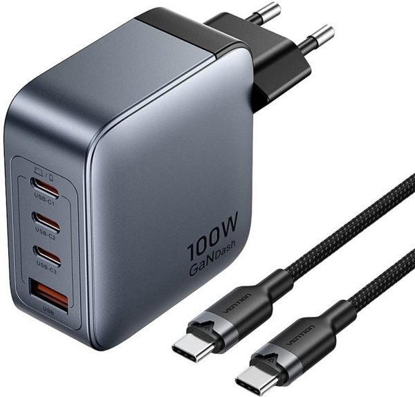 Φορτιστής τοίχου Vention 3x USB-C, 1x USB-A, (100W/100W/30W/30W) (γκρι) με καλώδιο USB-C σε USB-C (1m) (μαύρο)