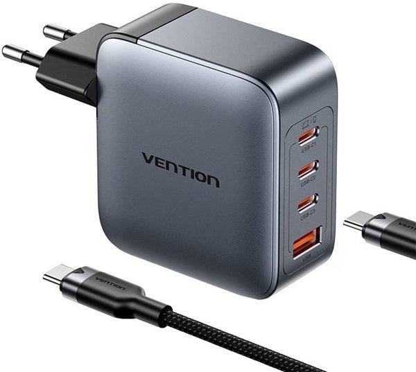 Φορτιστής τοίχου Vention 3x USB-C, 1x USB-A, (100W/100W/30W/30W) (γκρι) με καλώδιο USB-C σε USB-C (1m) (μαύρο)