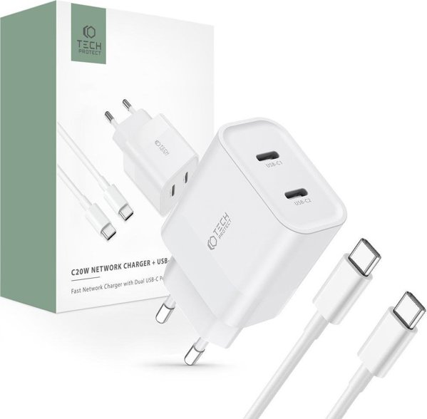 Φορτιστής Tech-Protect TECH-PROTECT C20W ΦΟΡΤΙΣΤΗΣ ΔΙΚΤΥΟΥ 2 ΘΥΡΩΝ PD20W + ΚΑΛΩΔΙΟ ΤΥΠΟΥ C ΛΕΥΚΟ 13273307 9319456607291