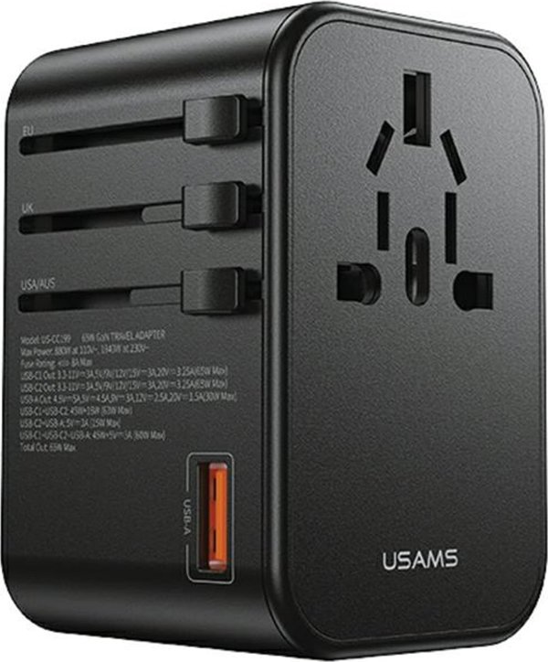 Φορτιστής Usams USAMS Αντάπτορας δικτύου 1xUSB+2xUSB-C T62 65W 4 σε 1 US/AU/EU/UK μαύρο/black CC199TC01 (US-CC199) Univesal Travel Charger