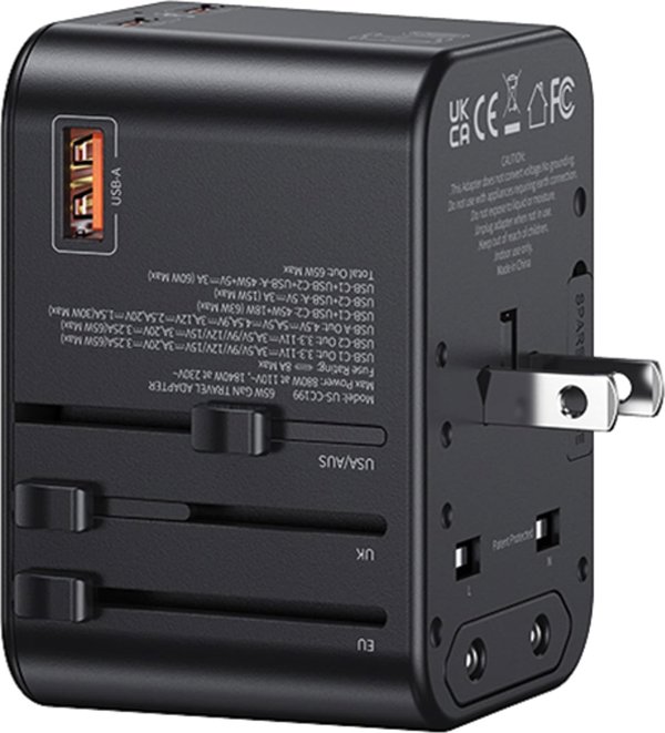 Φορτιστής Usams USAMS Αντάπτορας δικτύου 1xUSB+2xUSB-C T62 65W 4 σε 1 US/AU/EU/UK μαύρο/black CC199TC01 (US-CC199) Univesal Travel Charger