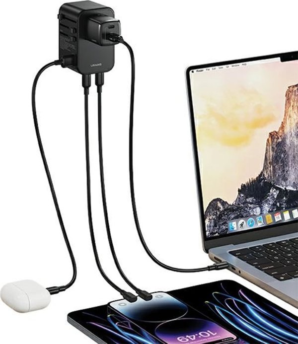 Φορτιστής Usams USAMS Αντάπτορας δικτύου 1xUSB+2xUSB-C T62 65W 4 σε 1 US/AU/EU/UK μαύρο/black CC199TC01 (US-CC199) Univesal Travel Charger