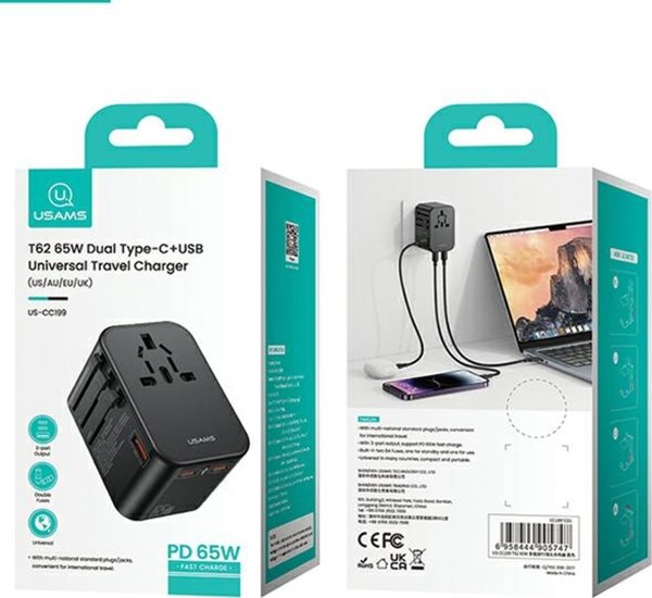 Φορτιστής Usams USAMS Αντάπτορας δικτύου 1xUSB+2xUSB-C T62 65W 4 σε 1 US/AU/EU/UK μαύρο/black CC199TC01 (US-CC199) Univesal Travel Charger