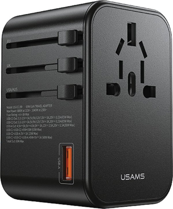 Φορτιστής Usams USAMS Αντάπτορας δικτύου 1xUSB+2xUSB-C T62 65W 4 σε 1 US/AU/EU/UK μαύρο/black CC199TC01 (US-CC199) Univesal Travel Charger