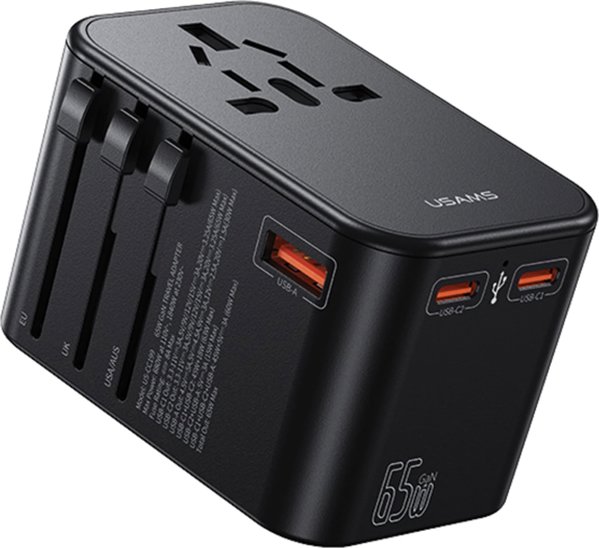 Φορτιστής Usams USAMS Αντάπτορας δικτύου 1xUSB+2xUSB-C T62 65W 4 σε 1 US/AU/EU/UK μαύρο/black CC199TC01 (US-CC199) Univesal Travel Charger