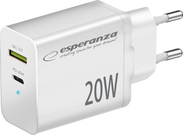 Φορτιστής Esperanza EZC105W 20W USB-C PD / USB-A QC 3.0 18W Λευκός