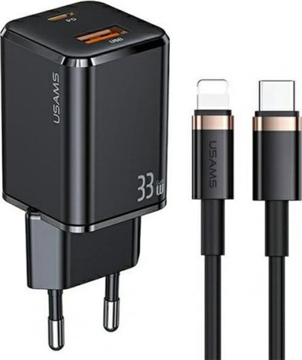 Φορτιστής Usams T43 3A 20W PD, 1x USB-A & 1x USB-C με Καλώδιο USB-C σε Lightning για Γρήγορη Φόρτιση iPhone