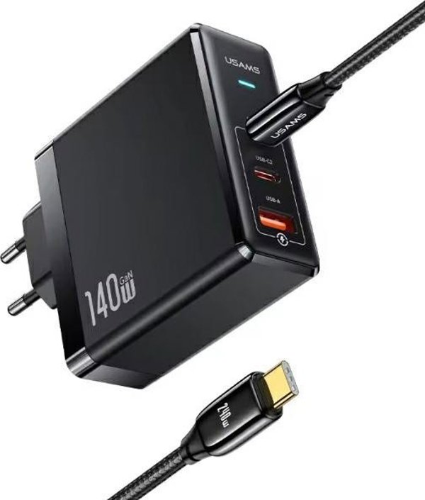 Φορτίο φορτιστή Usams USAMS. δίκτυο. 2xUSB-C+1xUSB T52 PD140W PD Γρήγορη φόρτιση US-CC168 + καλώδιο U82 USB-C/USB-C US-SJ581 240W μαύρο/μαύρο Σειρά UM UMXLOGTC01 13606340 6958444902524