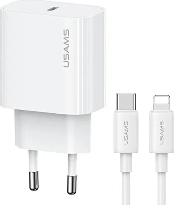 Φορτιστής USAMS USAMS Φορτιστής τοίχου 1xUSB-C T65 PD20W PD Γρήγορη Φόρτιση US-CC226 + καλώδιο USB-C/Lightning US-SJ712 30W λευκό Yi Series OYXLTZ02