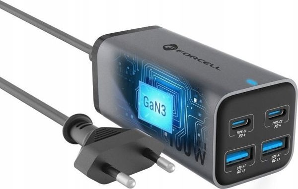 Φορτιστής ForCell FORCELL F-ENERGY GaN III VT-49 επιτραπέζιος φορτιστής 2 x Τύπος C + 2 x USB A PD QC4.0 SFC2.0 5A 100W γκρι
