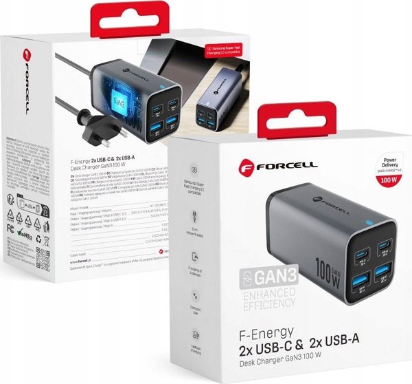Φορτιστής ForCell FORCELL F-ENERGY GaN III VT-49 επιτραπέζιος φορτιστής 2 x Τύπος C + 2 x USB A PD QC4.0 SFC2.0 5A 100W γκρι