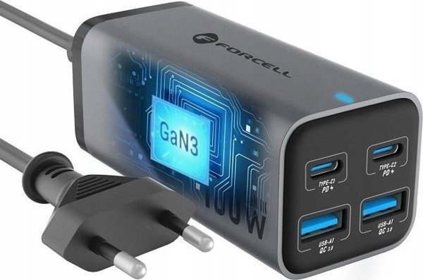 Φορτιστής ForCell FORCELL F-ENERGY GaN III VT-49 επιτραπέζιος φορτιστής 2 x Τύπος C + 2 x USB A PD QC4.0 SFC2.0 5A 100W γκρι