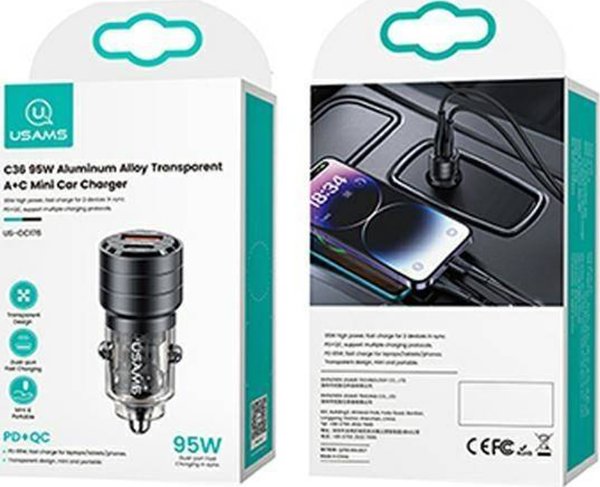 Φορτιστής Usams Φορτιστής αυτοκινήτου USAMS C36 USB-A+USB-C 95W Γρήγορη Φόρτιση μαύρο/black (US-CC176)