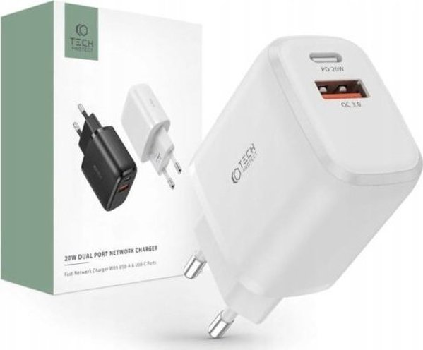 Tech-Protect C20W Φορτιστής Τοίχου 20W, 1x USB-C PD & 1x USB-A, Λευκός