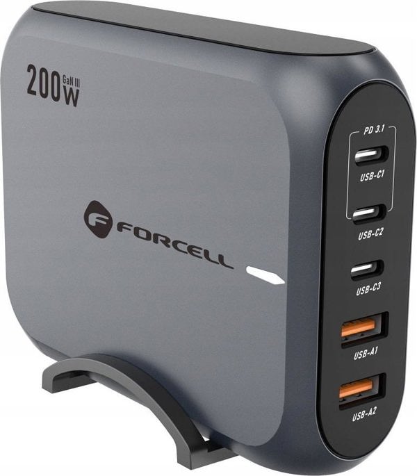 Φορτιστής ForCell FORCELL F-ENERGY GaN III VT-51 επιτραπέζιος φορτιστής 3 x Τύπος C + 2 x USB A PD QC4.0 SFC2.0 5A 200W γκρι