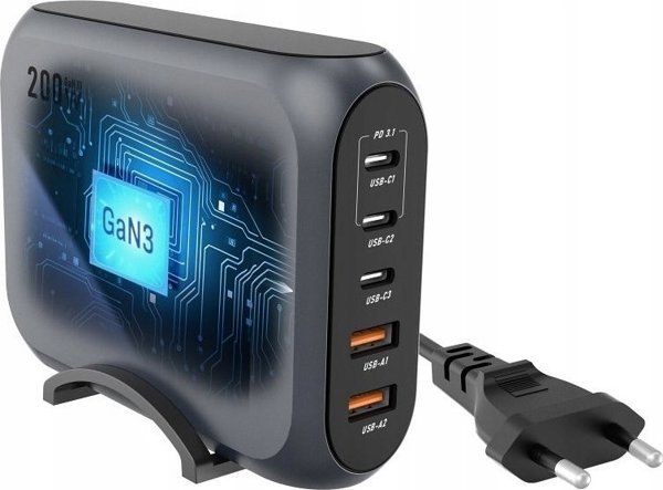 Φορτιστής ForCell FORCELL F-ENERGY GaN III VT-51 επιτραπέζιος φορτιστής 3 x Τύπος C + 2 x USB A PD QC4.0 SFC2.0 5A 200W γκρι