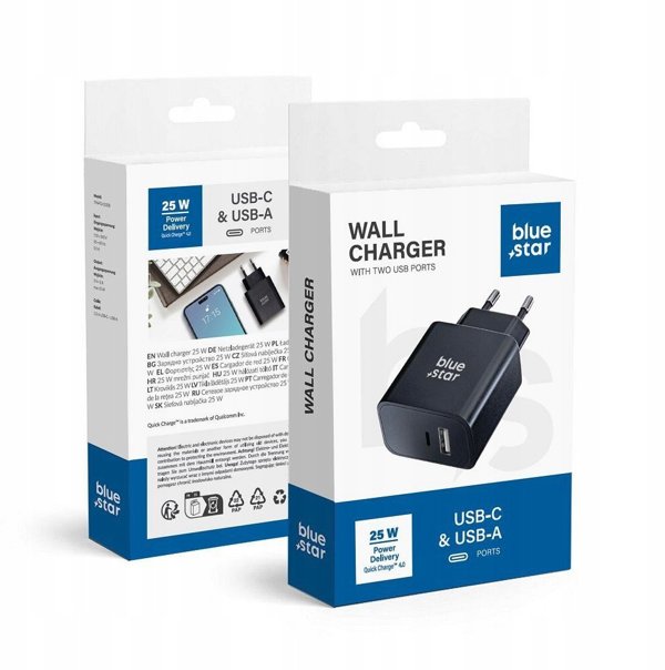 Φορτιστής τοίχου για τηλέφωνο Blue Star USB C + USB A QC4.0 PD 3A 25W TFB-TC-25WPD μαύρος