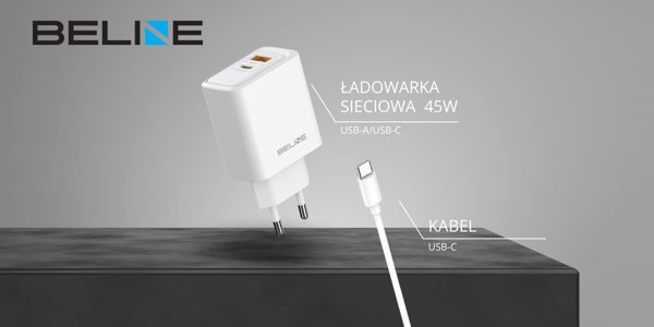 Φορτιστής Τοίχου Beline 45W GaN, USB-A & USB-C, με Καλώδιο USB-C σε USB-C, Λευκό, BLN2CW45C