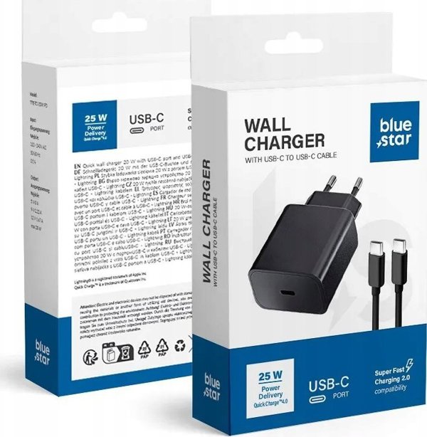 Φορτιστής Blue Star Φορτιστής τοίχου BLUE STAR 3A 25W Τύπος C + καλώδιο Τύπος C έως Τύπος C PD QC4.0 TFB-TC-25WPD μαύρο 13966812 5903396267123
