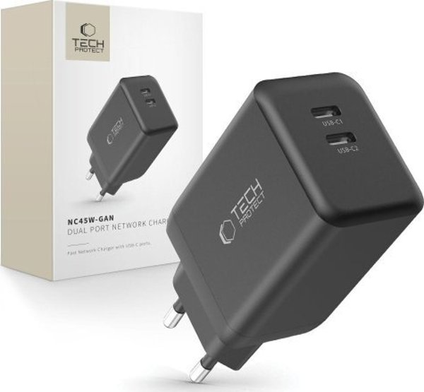 Φορτιστής Tech-Protect NC45W-GAN Δικτύου 2xUSB-C PD 45W - Μαύρο