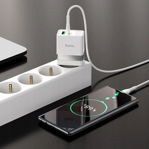 Φορτιστής τοίχου για τηλέφωνο HOCO USB A + USB C QC3.0 PD 3A 30W N21 λευκός