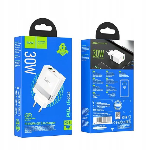 Φορτιστής τοίχου για τηλέφωνο HOCO USB A + USB C QC3.0 PD 3A 30W N21 λευκός