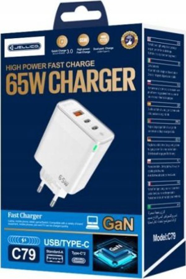Φορτιστής Τοίχου Jellico C79 GaN 65W PD, 2xUSB-C + 1xUSB QC3.0, Λευκός