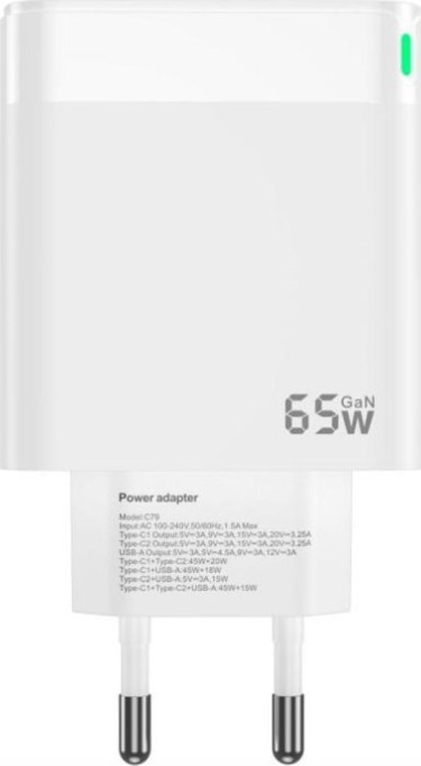 Φορτιστής Τοίχου Jellico C79 GaN 65W PD, 2xUSB-C + 1xUSB QC3.0, Λευκός