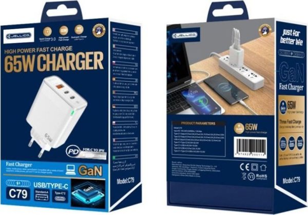 Φορτιστής Τοίχου Jellico C79 GaN 65W PD, 2xUSB-C + 1xUSB QC3.0, Λευκός