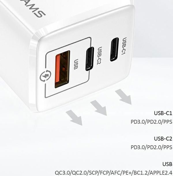 Φορτιστής Usams T33 1x USB-A 2x USB-C 3 A (CC110TC02)