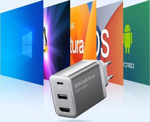 Φορτιστής τοίχου Vention FJAH0-EU USB(C+A)+HDMI GaN (60W/5W/4K@60Hz) (γκρι)