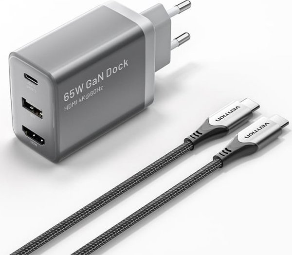 Φορτιστής τοίχου Vention FJAH0-EU USB(C+A)+HDMI GaN (60W/5W/4K@60Hz) (γκρι)