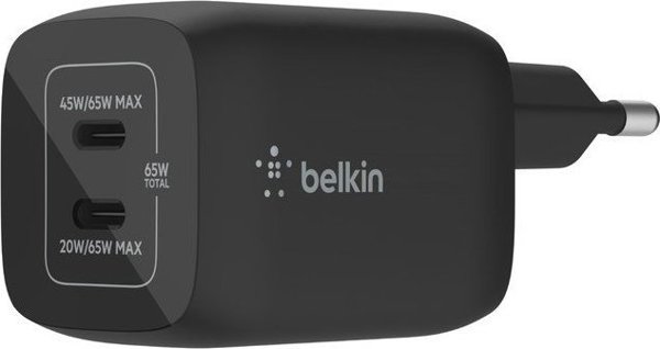 Διπλός φορτιστής τοίχου Belkin 65W USB-C GAN με PPS μαύρο